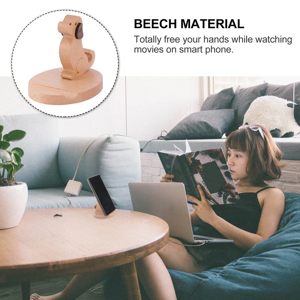 Solid Wood Deer/Dog Mobile Phone Holder Car Home Mount Bracket Mobile Tablet Desktop Stand Non-Slip for Table Desk Room Office