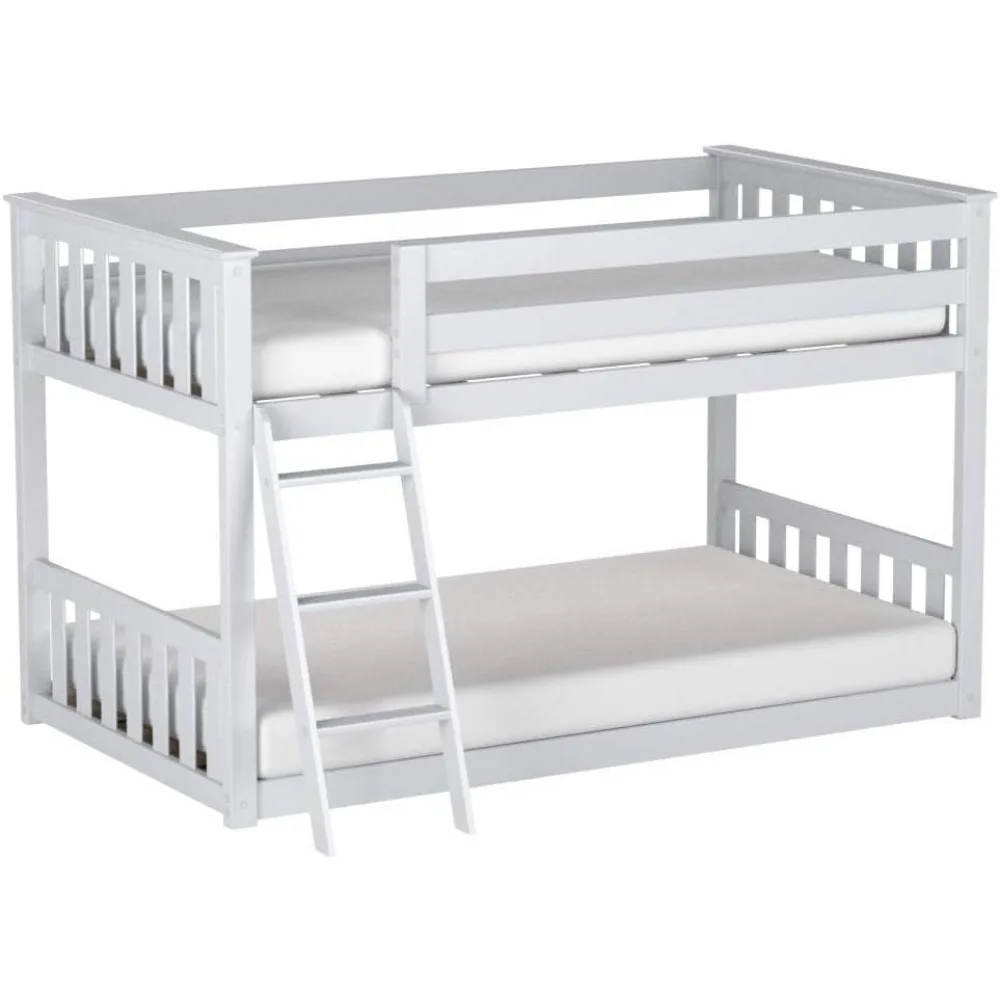 

Twin Over Twin Low Bunk Bed With Ladder Girls Bed Bases and Frames Toddlers Headboards Boys White Teens Bedroom Furniture Frame