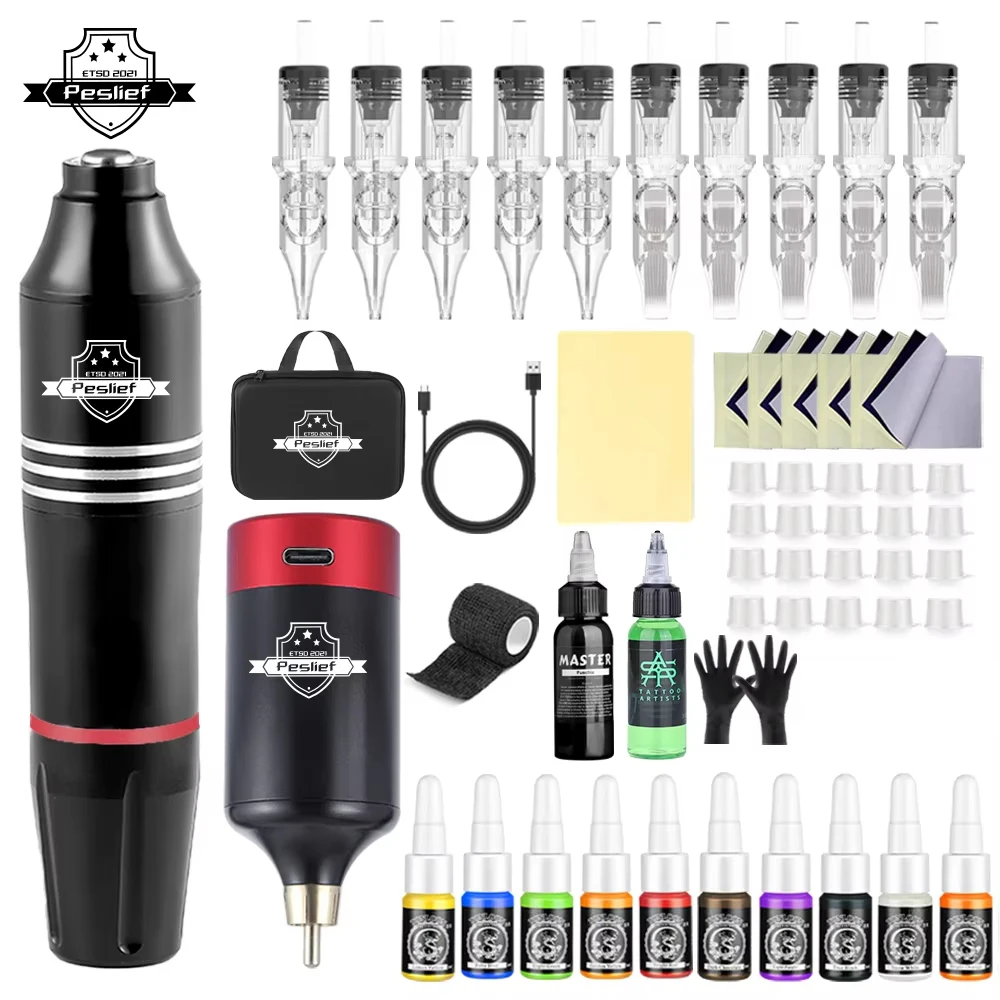 Tattoo Kit Professional Wireless Rotary Tattoo Machine Kit with 10Pcs Cartridge Needles for Tattoo Artists and Beginners