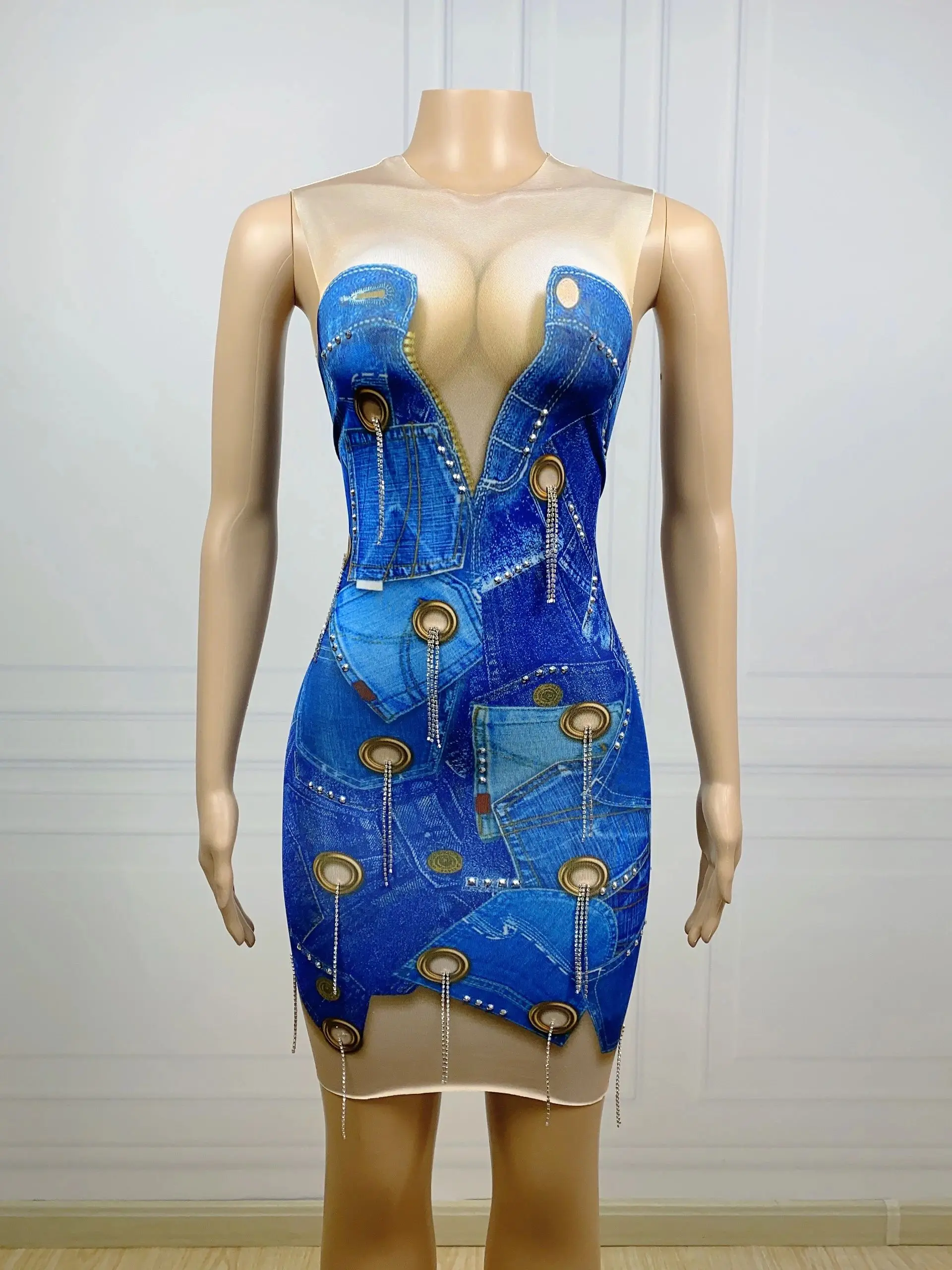 

Blue Denim Printed Chain Fringe Spandex Short Dress Dance Club SHOW Costume Birthday Sleeveless Outfit Dress20230007