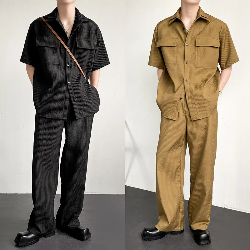 2023 Spring Summer Men's Pleated Suit Casual Short Sleeve Two-piece Set Fashion Solid Color Korean Male Clothing Men's Sets men sets solid color pleated streetwear o neck half sleeve t shirt