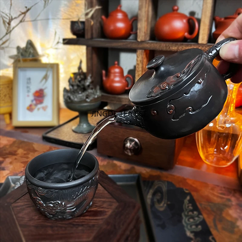 1 purple pottery vintage handmade teapot ceramic carved kung fu teapot pu erh tea set