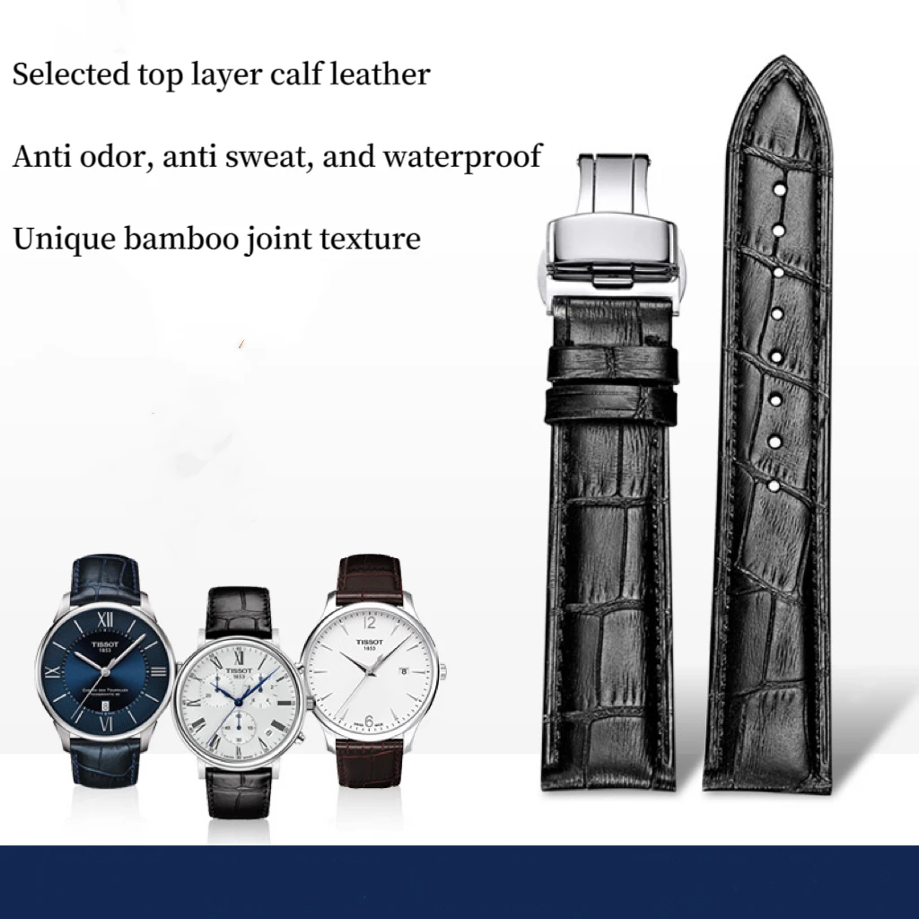 

Fashion business leather strap 18/19/20/21/22 butterfly buckle bamboo knot pattern black brown calf leather watch strap for men