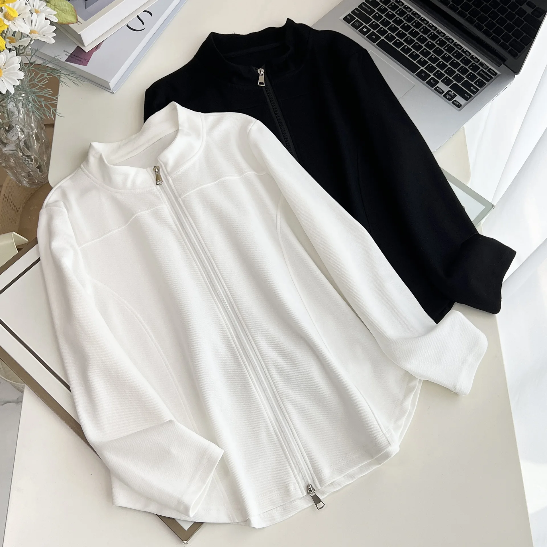 XXXXL Fashion Plus Size Women's Blouses Autumn large-sized Simple three-dimensional Cut Long Sleeved Zipper Sports Tops 2528