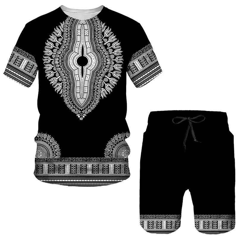 thumbnail image 1 of Traje con estampado digital 3D de pueblos indígenas africanos de estilo retro, camiseta y pantalones cortos de hip hop, chándal masculino/femenino, top de verano, 1 of 5