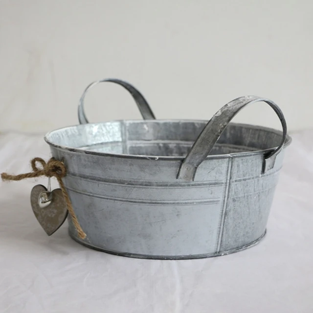Kreatív Rusztikus Stílusú Horganyzott Fém Virág Kád 25*10 Cm -Es Dupla Fogantyúval Vas Váza Növény Vödör Az Otthoni Parasztház Esküvői Dekorációhoz - Image 2