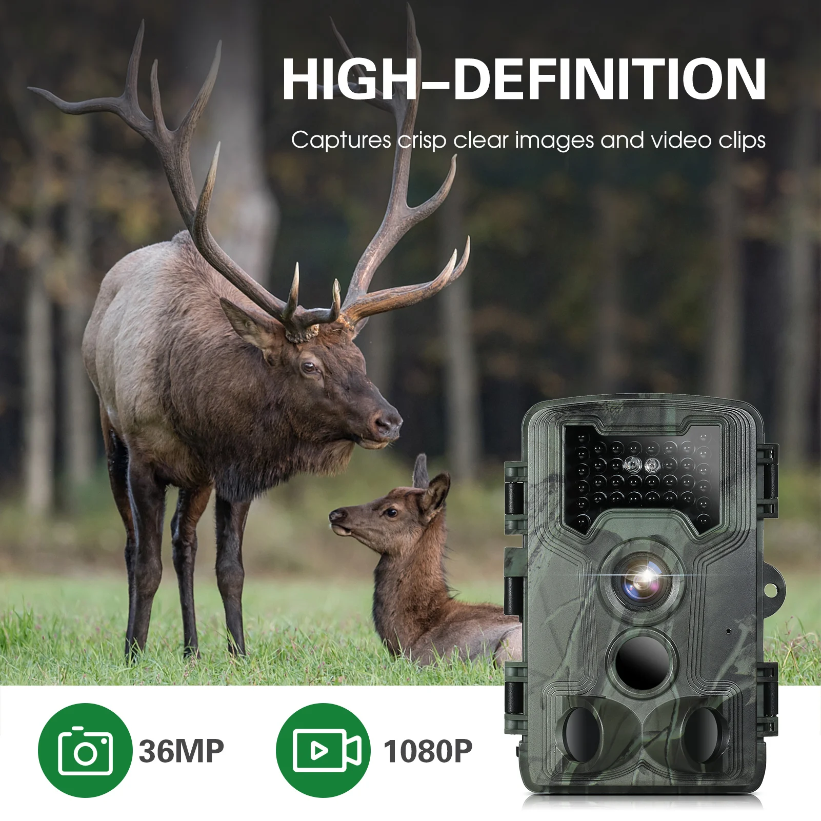 PR1000 Hunting Camera 36MP 1080P IR Night Vision 3 PIR Sensors 0.3s Trigger Speed IP66 Waterproof Motion Activated Trail Camera