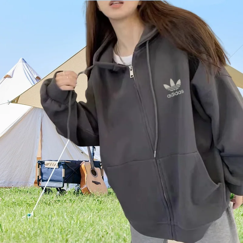 Adidas Hoodies Men and Women Oversize Comfortable Zipper Regular Style Hooded Cardigan Sweatshirts Black/Beige/Grey