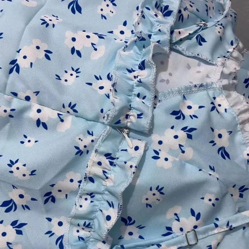 Women's Sexy Split Party Dress Sweet V-neck Ruffles Short Sleeve Spaghetti Strap Elegant Summer Floral Long Dress 21764