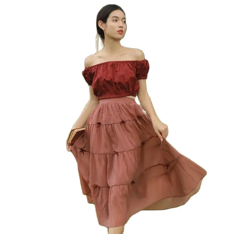 

2022 Skirt Summer Retro Red Short Off Shoulder Top High Waist Set Free Shipping