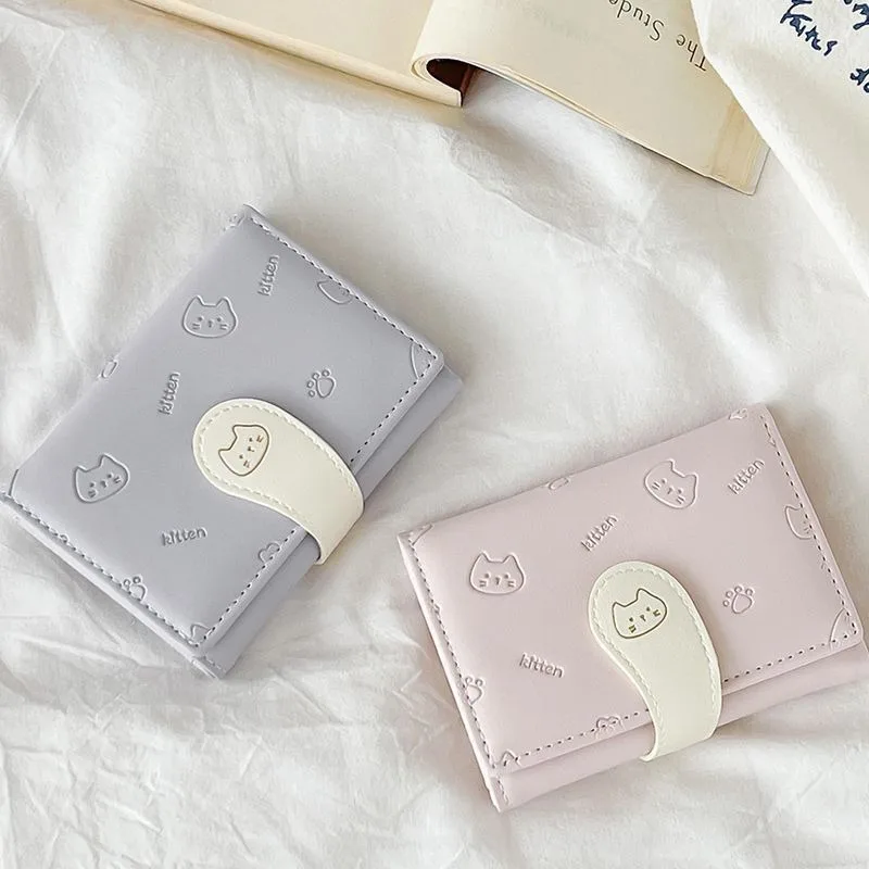 Chic Cat Print PU Leather Wallet - Stylish Compact Coin and Card Holder with Buckle Clasp