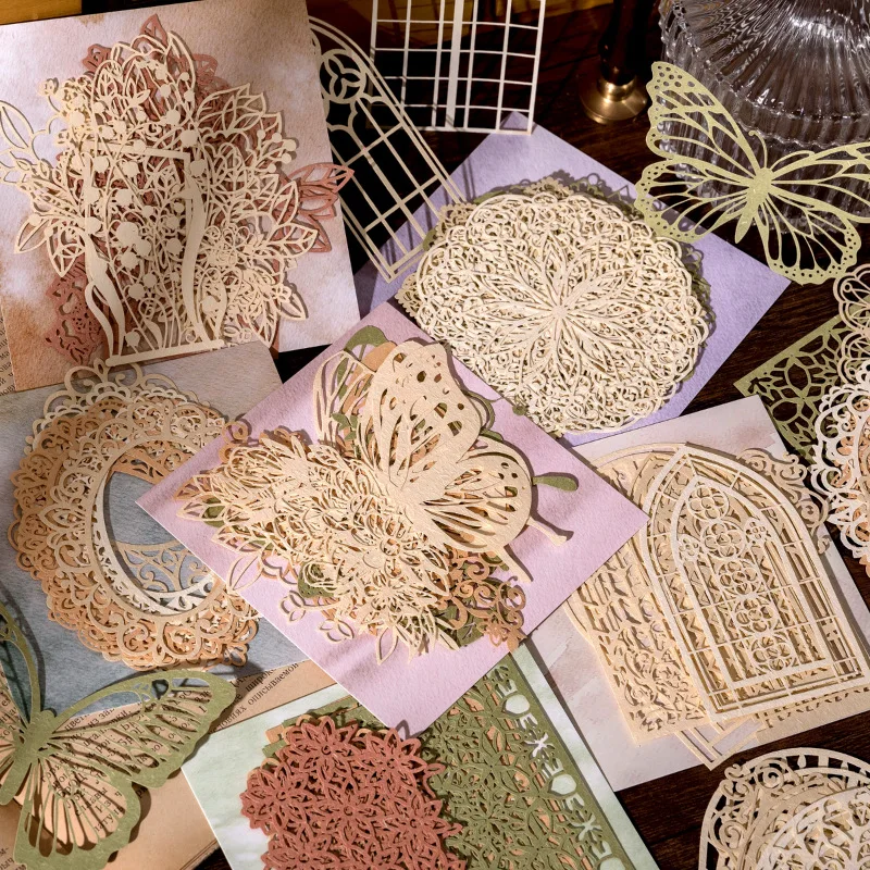 

10pcs Lace Lovesong Series Material Paper Vintage Flower Window Openwork Background Paper Decorative Diary Junk Journal Planner