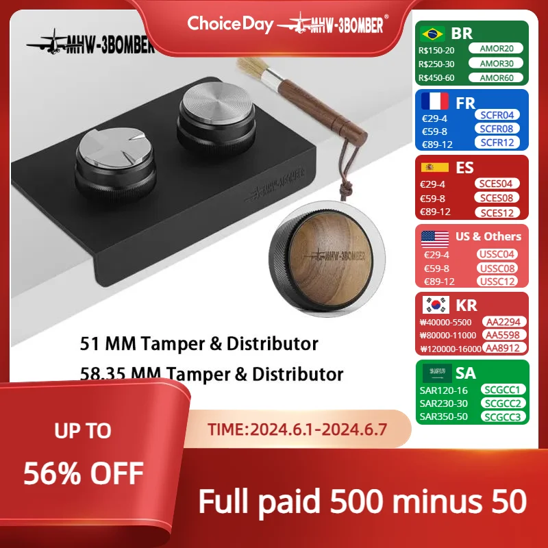 MHW-3BOMBER 51/53/58mm Espresso Tamper and Coffee Distributor with Tamping Mat and Cleaning Brush Set Professional Leveler Tools