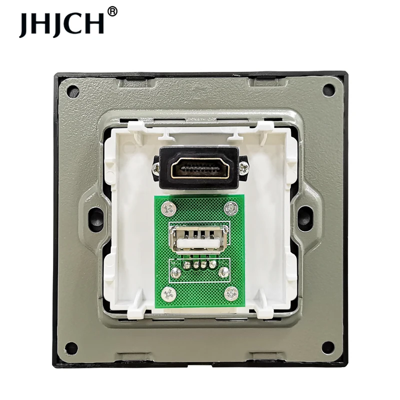JHJCH hdmi compatible crystal tempered glass panel with 2.0 USB port 2.0 jack wall socket