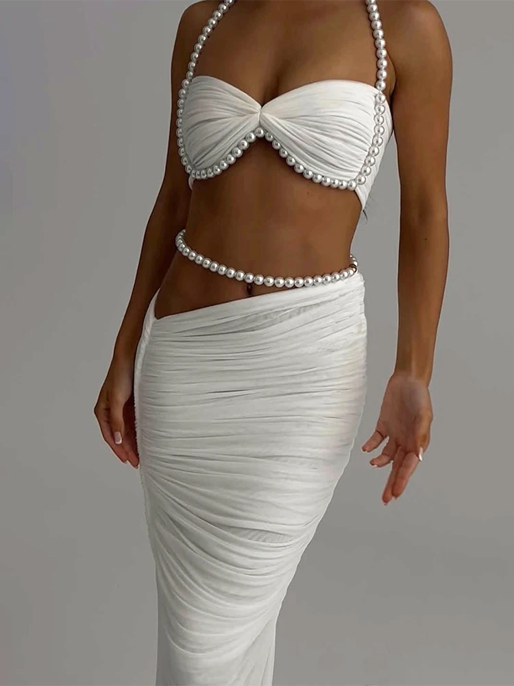 Nibber Fashion Elegant 2Piece Set Woman Pearl Decoration Halter Crop Tops+Mesh Patchwork Low-Waist Long Skirt Sexy Style Outfits