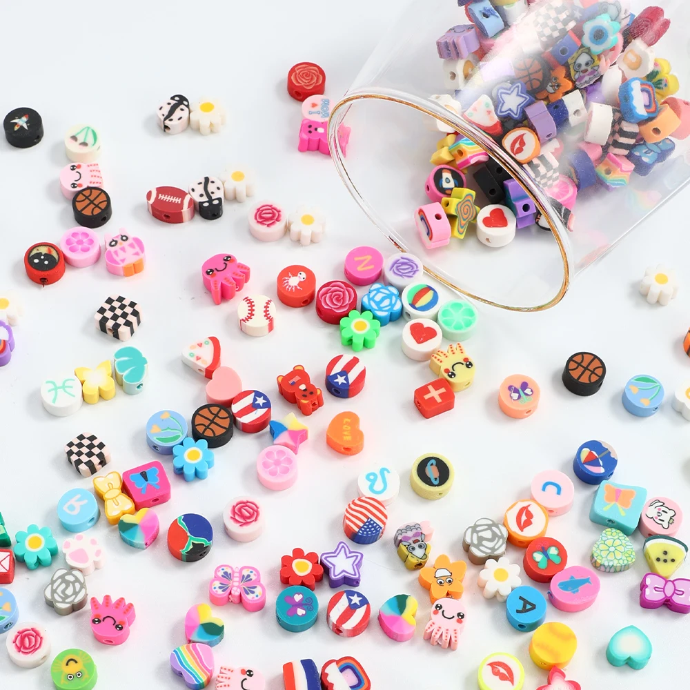 100 Stück Sortierte Polymer-Tonperlen, Gemischte Stile Bunte Tonperlen für DIY Schmuckherstellung, Armband Halskette Bastelbedarf – Detail 7