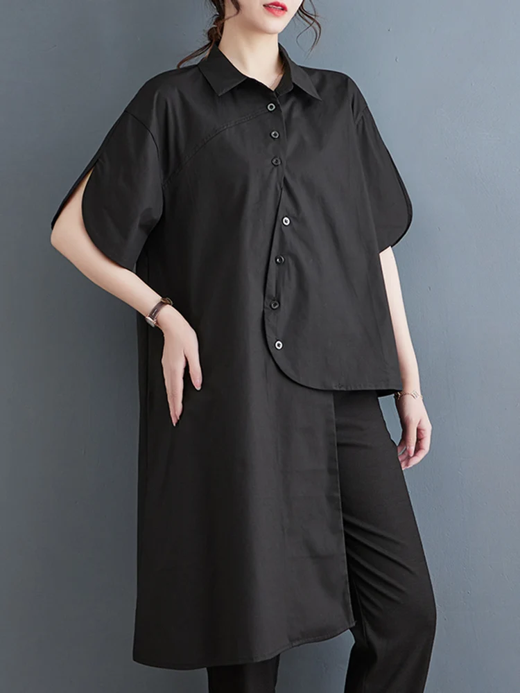 2025 Summer New Green Vintage Irregular Shirt Women Single Breasted Lapel Short Sleeve Loose Casual Blouse Top Fashion Clothing