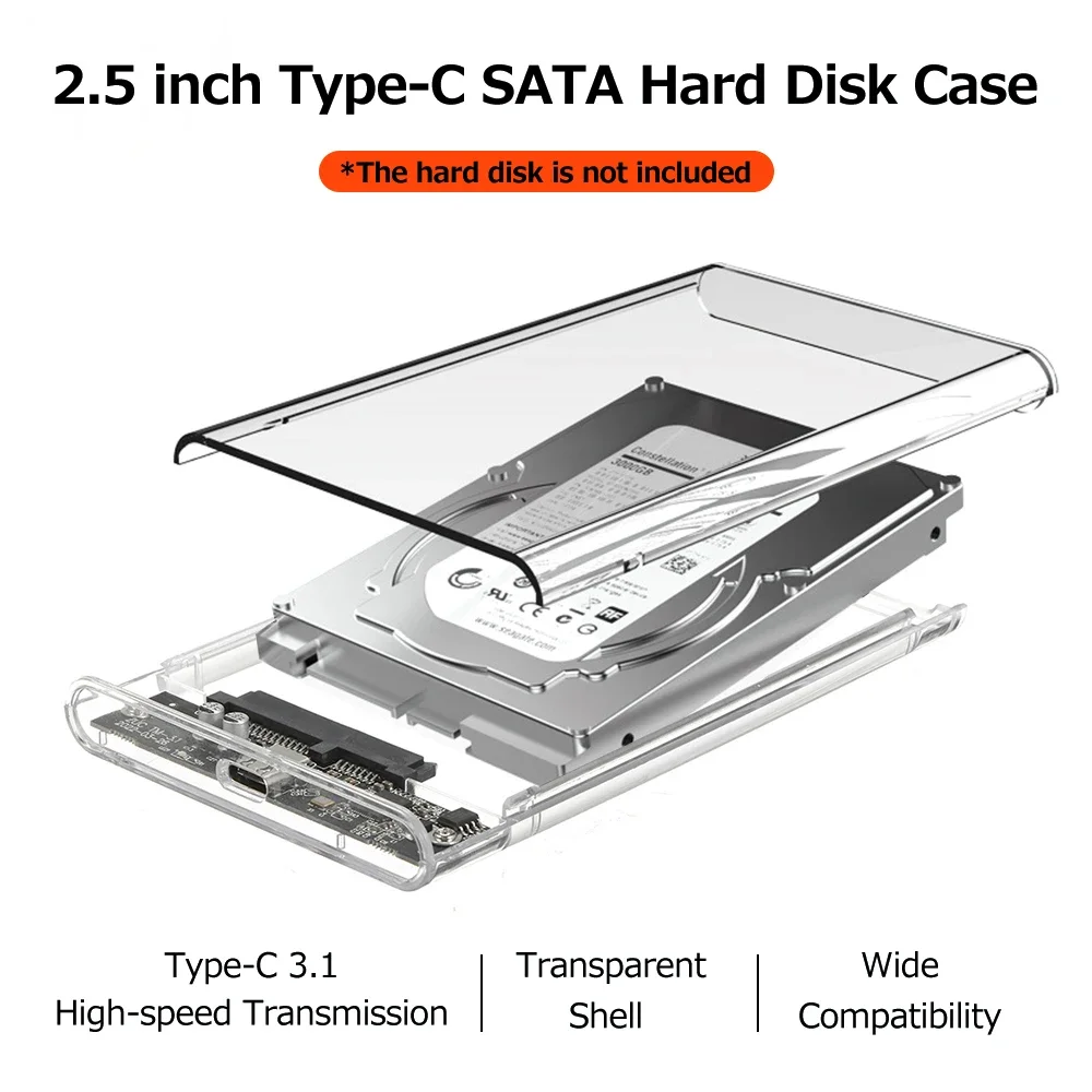 2.5 inch USB C Hard Drive Enclosure USB 3.1 to SATA III 6Gbps Clear External Hard Drive Case for 7mm 9.5mm 2.5 inch SATA SSD HDD