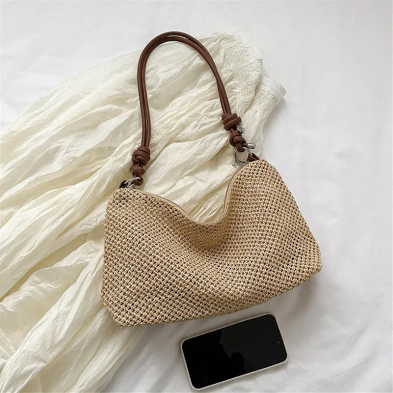 Straw Woven Bag, Natural Charm Weaving Handbag Shoulder Bag, Hand Knitting Crossbody Bags, Purse & Phone for Everyday Essentials