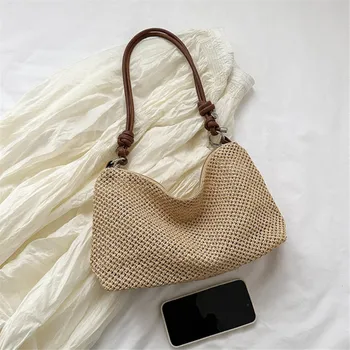 حقيبة منسوجة من القش، حقيبة يد منسوجة ساحرة طبيعية، حقائب كتف منسوجة يدويًا، محفظة وهاتف للأساسيات اليومية 5