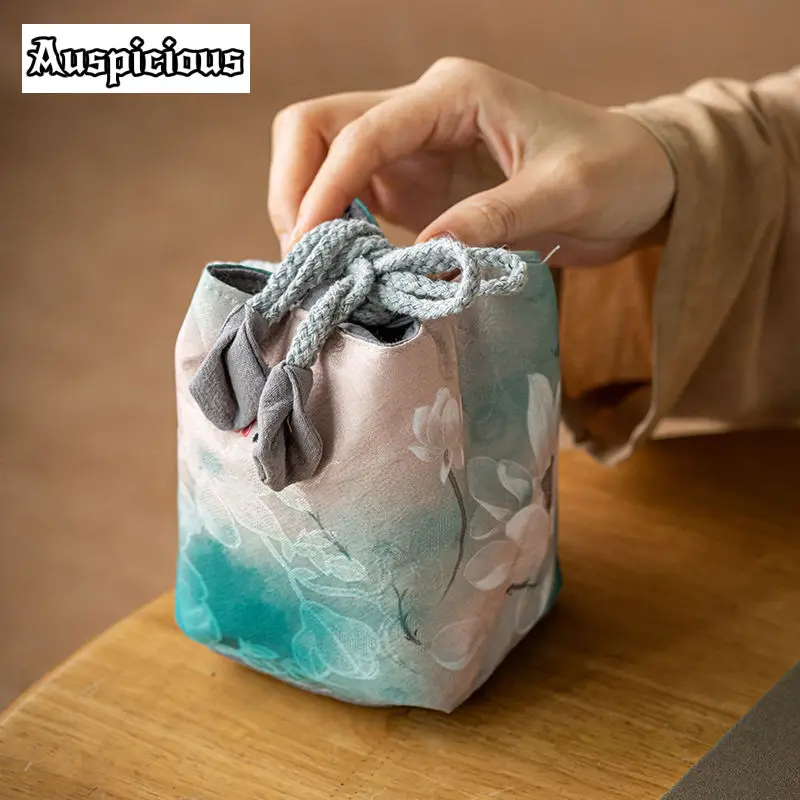 Zen Lotus Cotton and Linen Portable Thickened Tea Cozies Elegant Tea Cozy for Teapot Hand Bag Travel Set Bag Ceremony