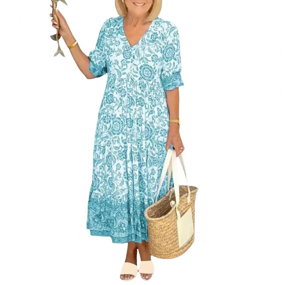 

Loose Fit Floral Dress Flowy Summer Dress Stylish V Neck Printed A-line Maxi Dress for Women Elegant Vacation Beachwear