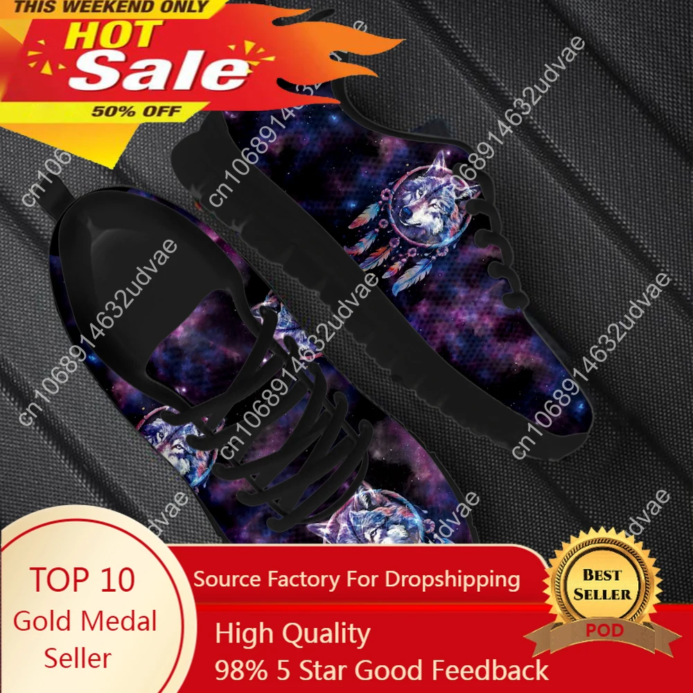 Galaxy Wolf Dream Catcher Print Ladies Lace-up Sneakers Casual Flat Shoes Wear Resistant Tennis For Women Mens Gift