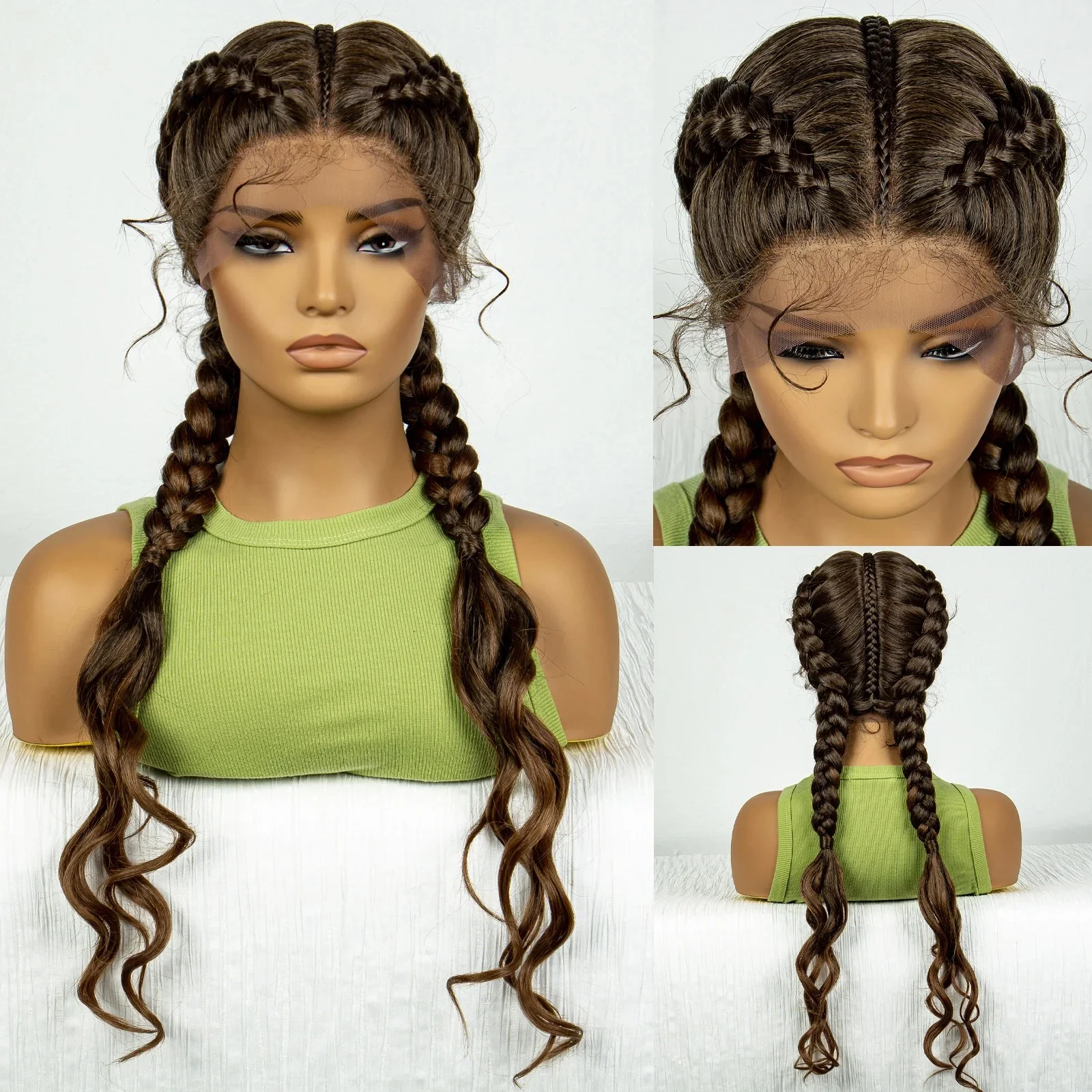 Peluca sintética trenzada con ondas rizadas para mujer, trenzas de pelo Afro con encaje Frontal, pelo de bebé, 30 pulgadas