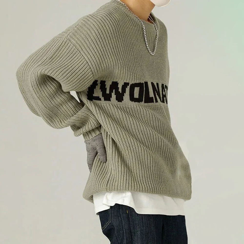 Mens Harajuku letter jacquard crew neck sweater autumn and winter new casual loose streetwear versatile knitted pullover