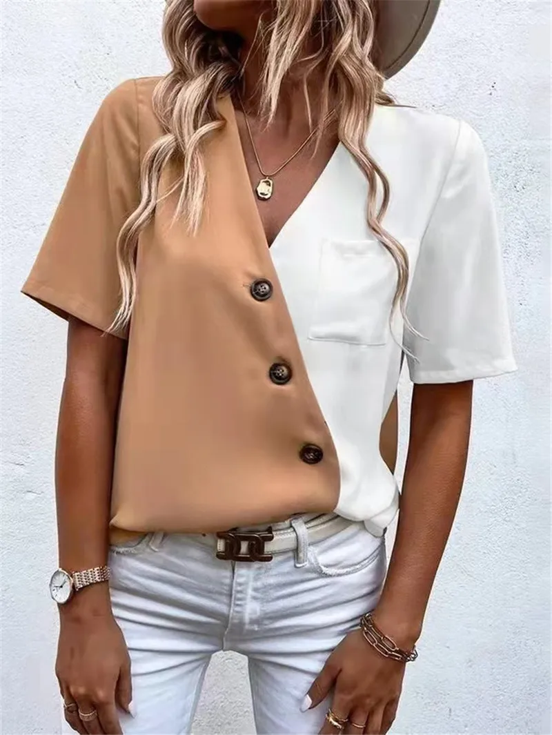 

2022 European And American Summer New Women's Wear V-neck Chiffon Fashion Contrast Color Short Sleeve Shirt Top