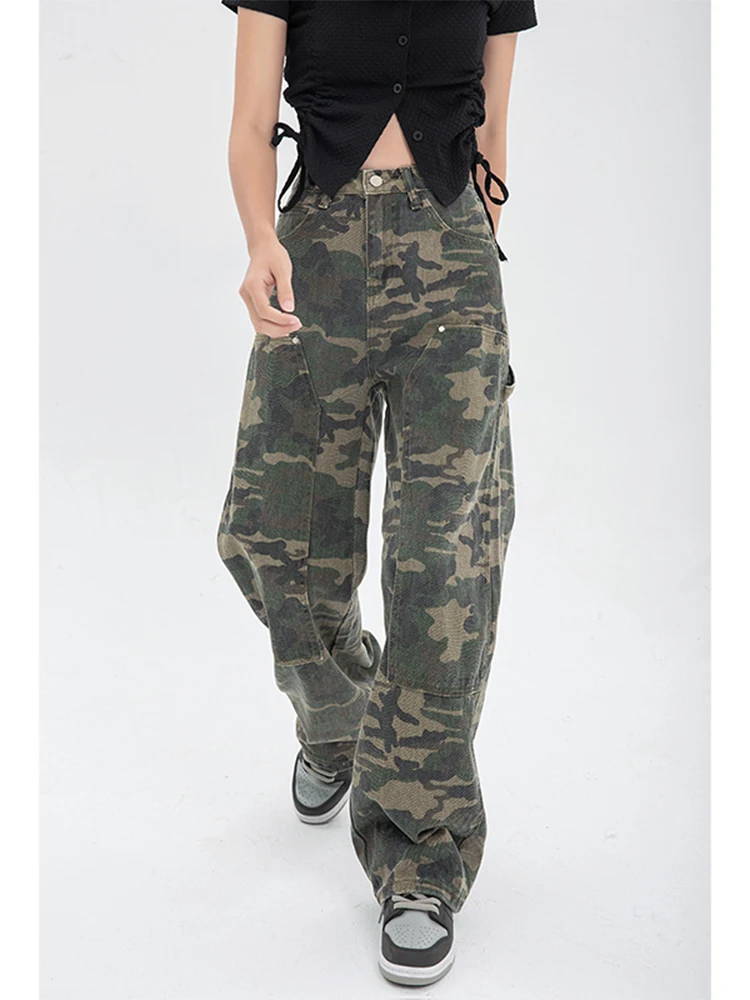 

2022 Autumn Women Loose Cargo Pants Camouflage Thin Streetwear Straight Denim Trousers Ladies Fashion High Waist Wide Leg Jeans