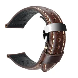 Vintage Genuine Leather Watch Strap with Butterfly Buckle Clasp - 20mm (Dark Brown)