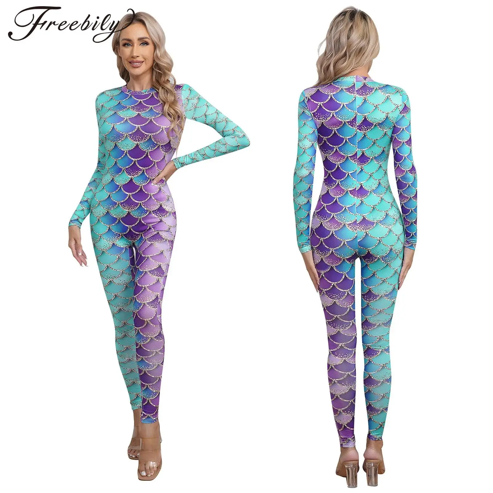 

Women Halloween Theme Party Mermaid Cosplay performance Costume Long Sleeve Zipper Fish Scale Print Jumpsuit Bodysuit Swimsuit