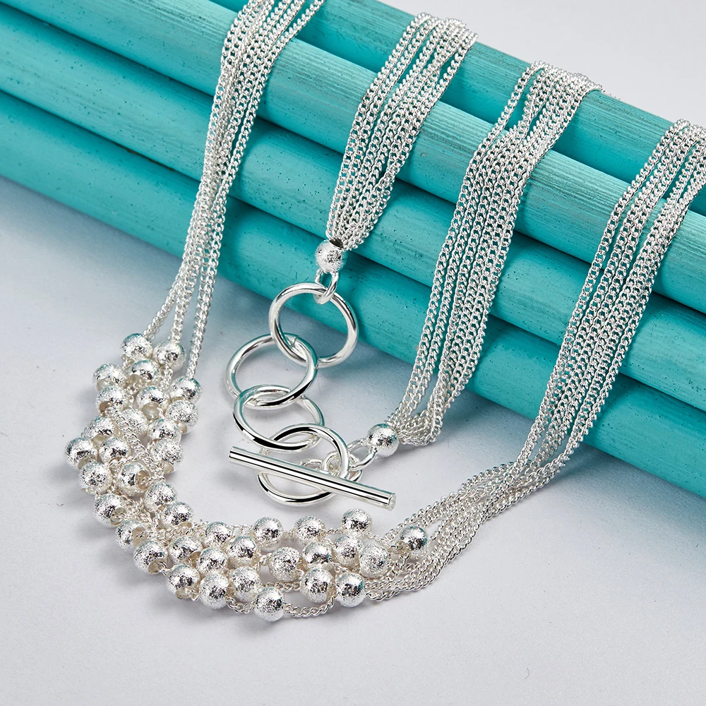 DOTEFFIL 925 Sterling Silver Multi Chain Frosted Ball Grape Beads Necklace For Women Wedding Engagement Party Charm Jewelry women necklace