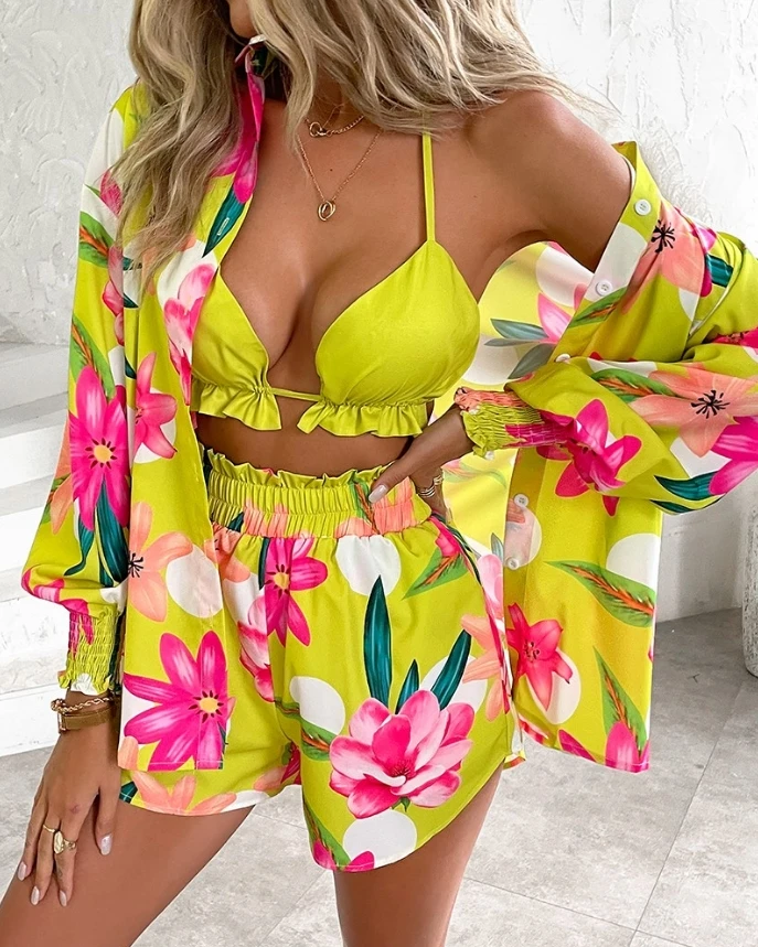 Women's Vacationsuit Set 2024 Spring/summer Latest 3Pcs Halter Lantern Sleeve Shirt & Floral Print Shorts Set with Crop Top 3pcs spring clamp woodworking clamps metal a shaped clip 4 inch spring clamps fixed woodworking grip repair tool