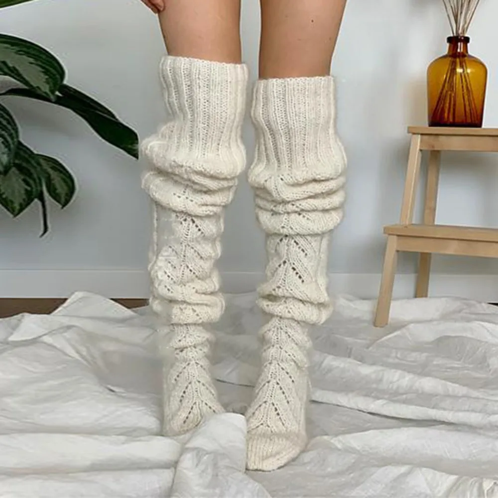 

Вязаные носки до колен Модные ажурные сетчатые теплые высокие чулки однотонные длинные чулки выше колена женские