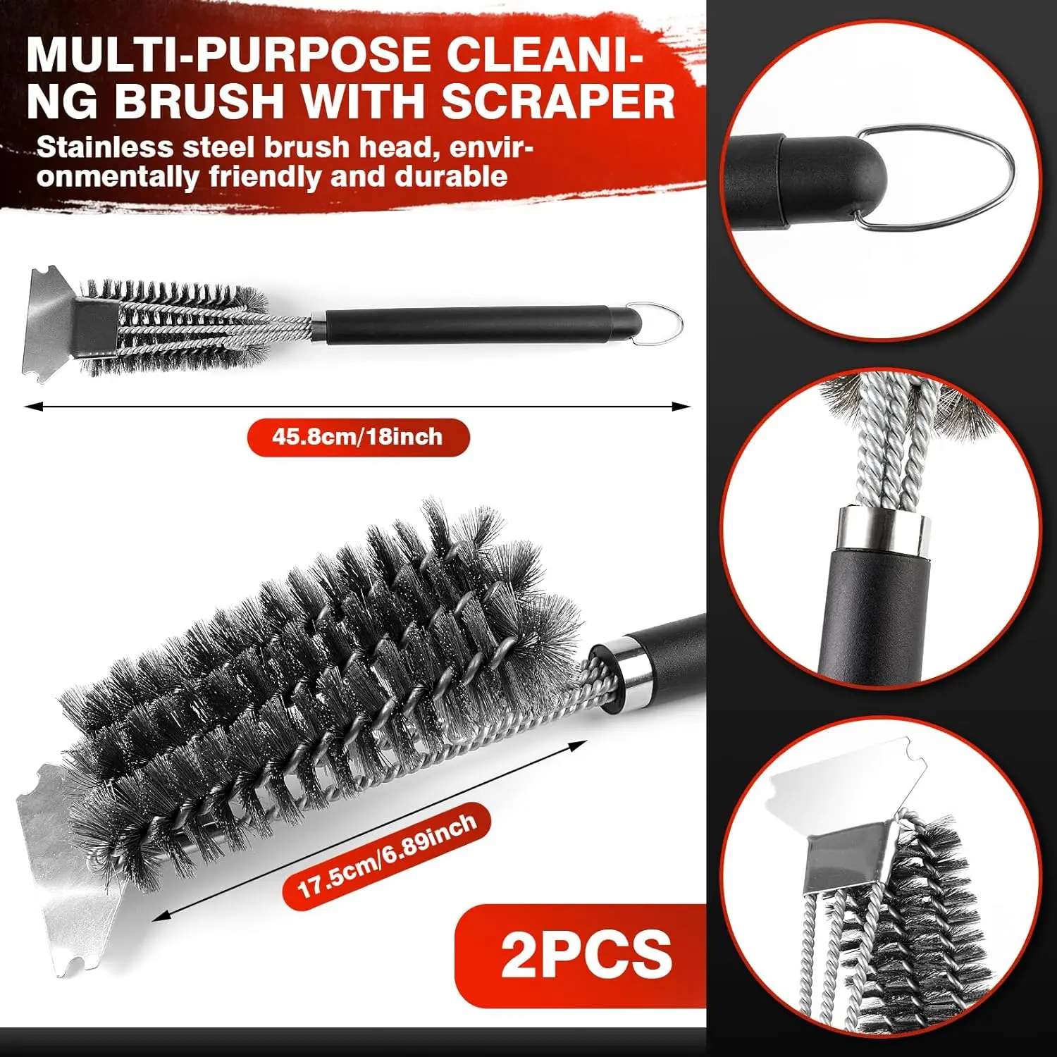 Grill Brush with Scraper BBQ Cleaner Brush Stainless Steel Bristles and Safe Long Handle Cleaning Tool for All Grill Press