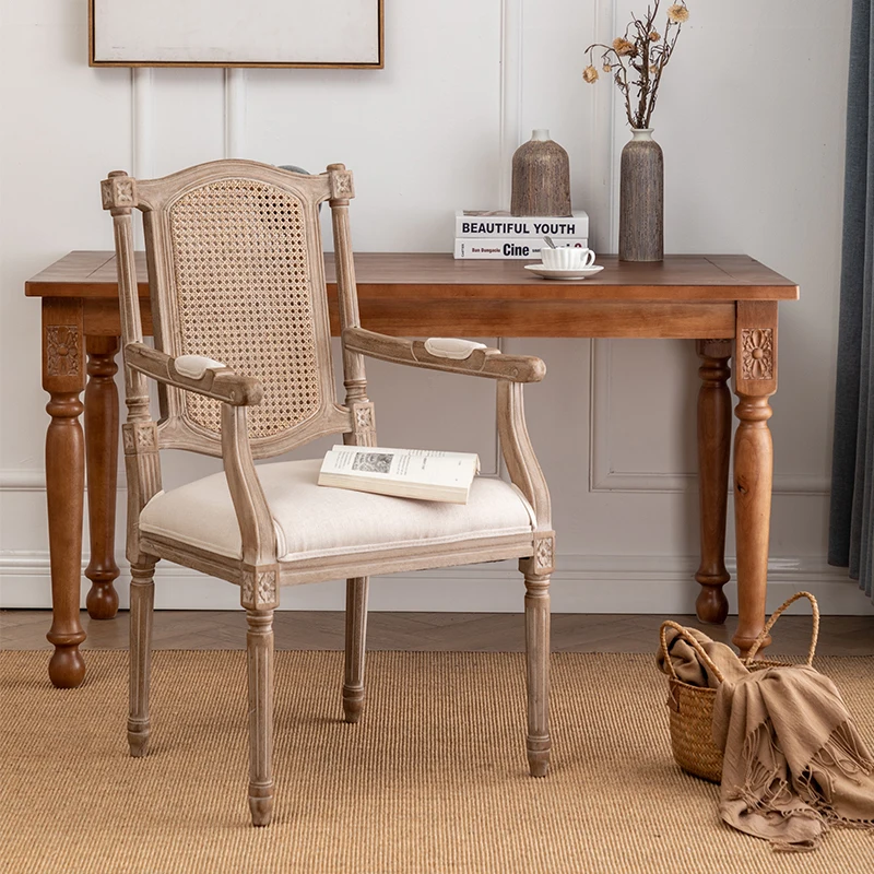 

French vintage rattan back dining chair American country solid wood homestay wedding chair hotel restaurant photo dining chair