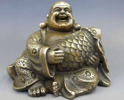 

Patung Buddha budhisme kuningan Tiongkok yang rumit uang ikan Kekayaan Maitreya