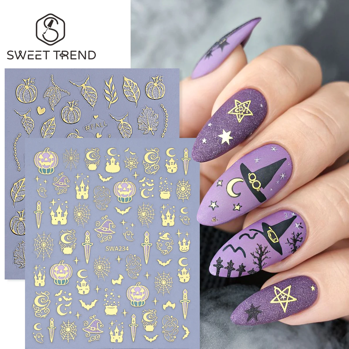 2 autocollants adhésifs 3D pour ongles, effet bronzant, thème Halloween (Château, Chapeau de Sorcier, Fantôme, Citrouille), pour manucure de fêtes 1