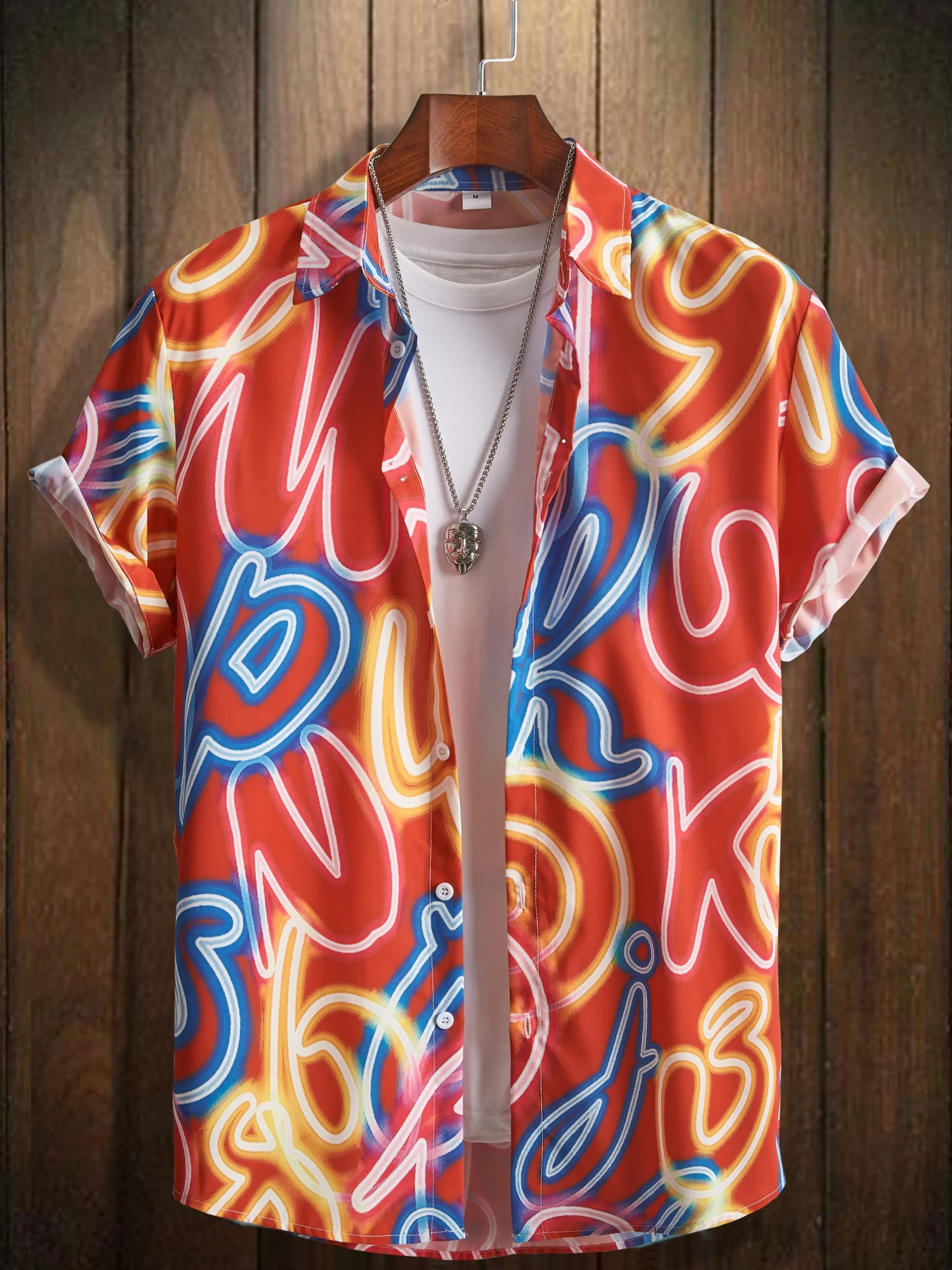 Men's Neon Style Print Lapels Button Up Casual Short Sleeve Shirts Men's Clothing for Summer Hawaii Shirt Men's  Streetwear 2