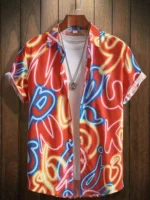 Men's Neon Style Print Lapels Button Up Casual Short Sleeve Shirts Men's Clothing for Summer Hawaii Shirt Men's  Streetwear 2