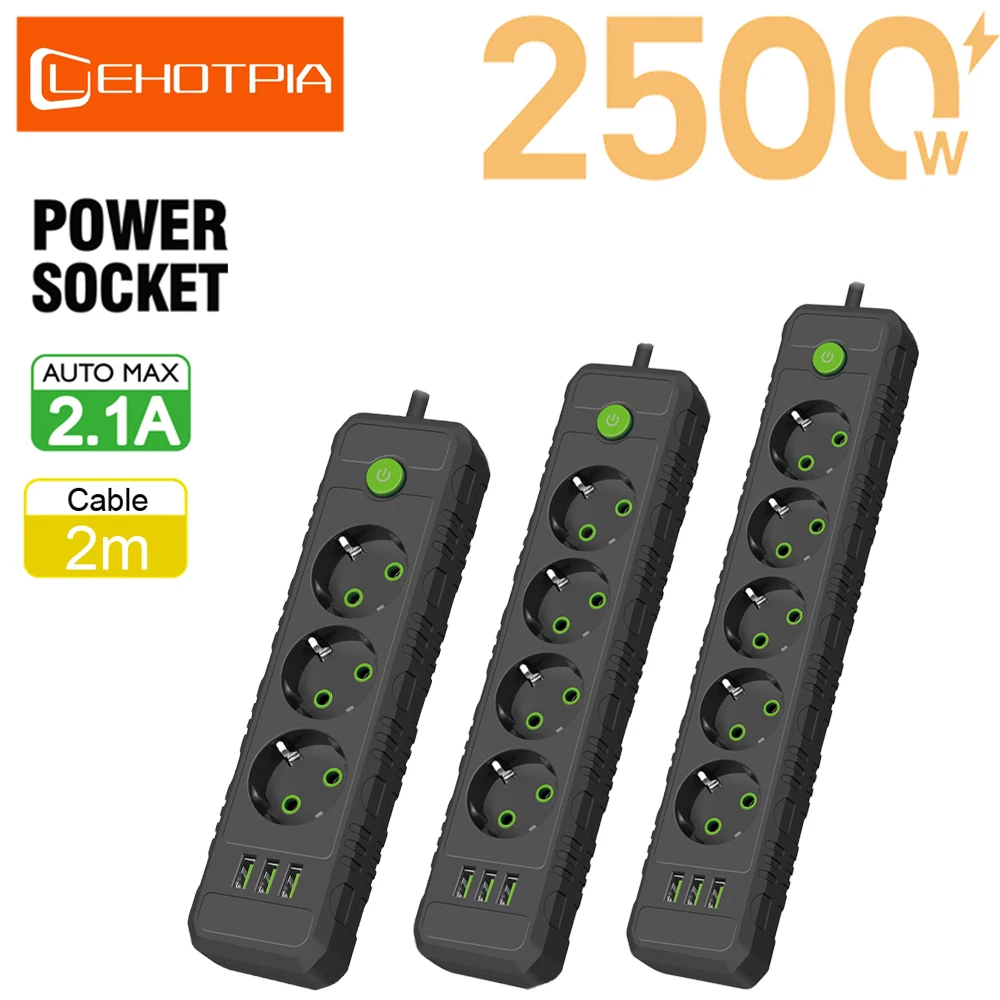 Power Strip EU Plug AC Outlets 2m Extension Cord With USB Ports Fast Charging Network Filter