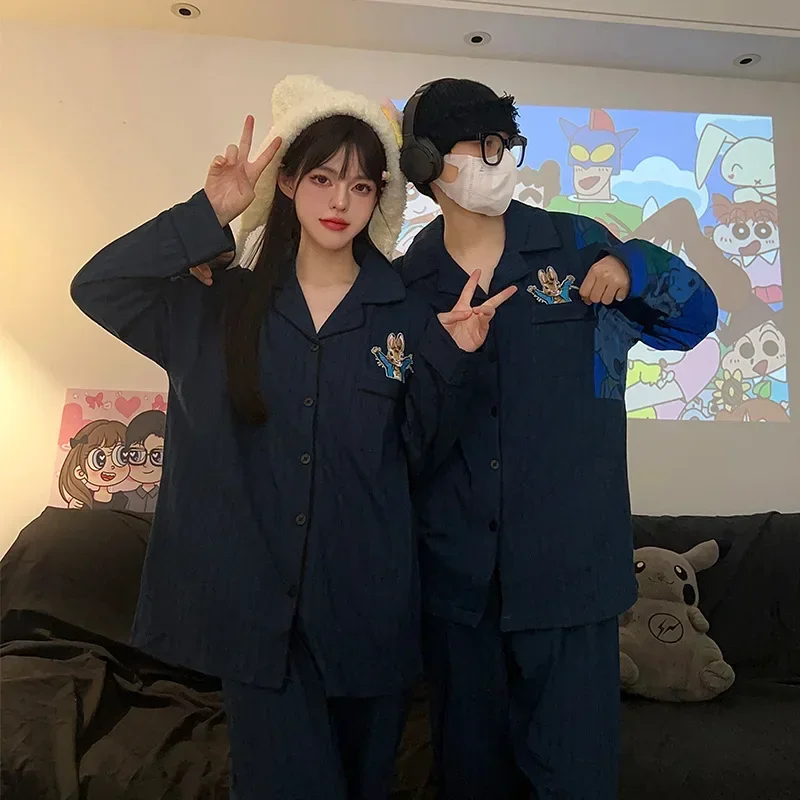 مجموعتان من نماذج الزوجين الكورية Ins بيتر أرنب زوجين منامة الإناث القطن طويل الأكمام الرجال مخطط قطعتين Homewear
