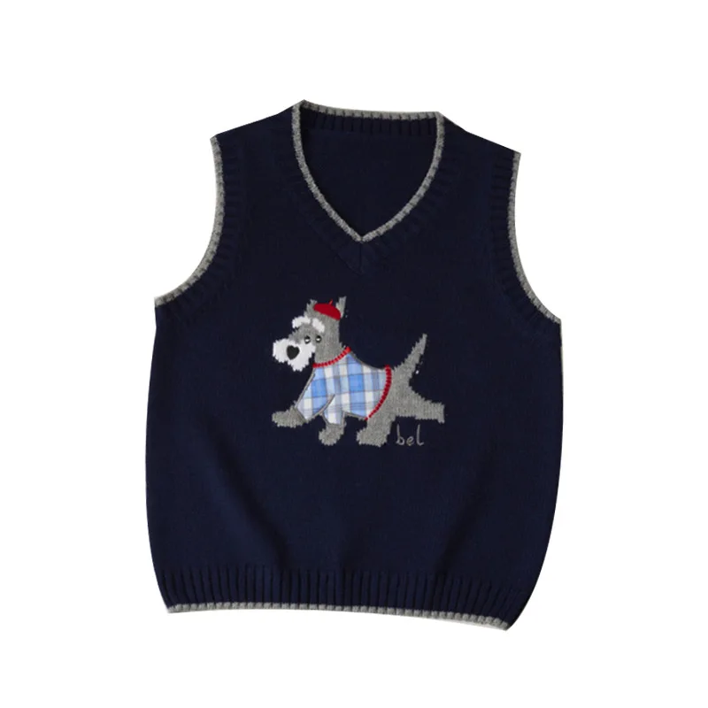 2025 가을/겨울 아동용 신상 우아한 V넥 귀여운 강아지 패턴 니트 아우터 조끼