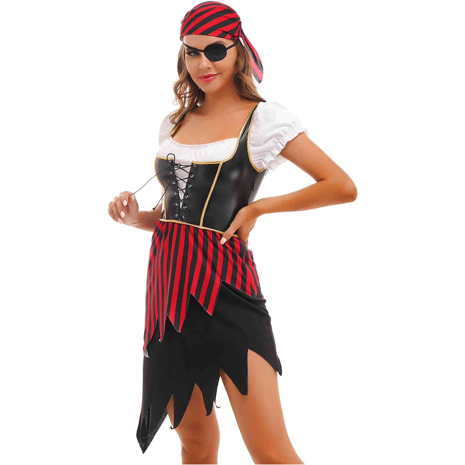 Womens Pirate Cosplay Costume Puff Sleeve Dress with Headscarf And Eye  Patch Halloween Theme Party Masquerade Roleplay Outfits