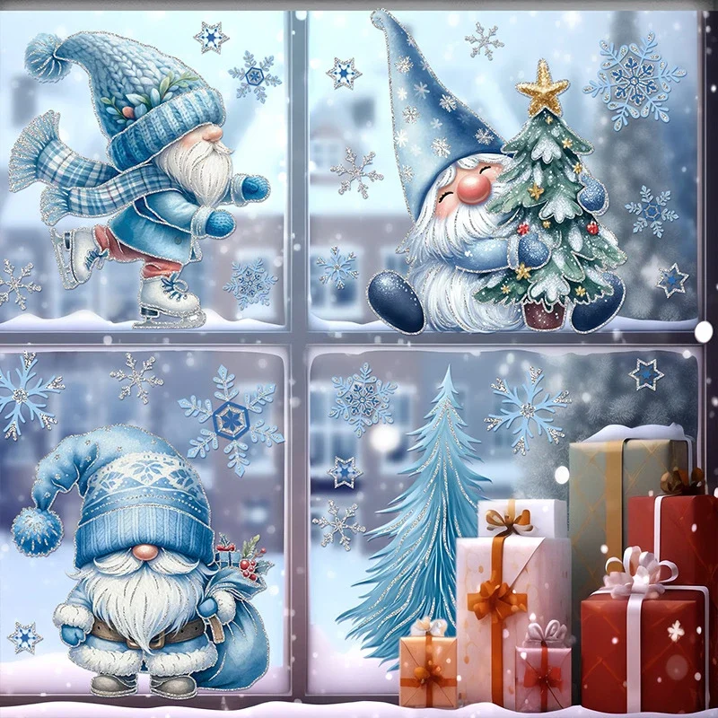 Christmas Window Stickers Snowmen Snowflakes Gnomes Wall Decals Holiday Window Clings for Party Supplies Decoration Blue