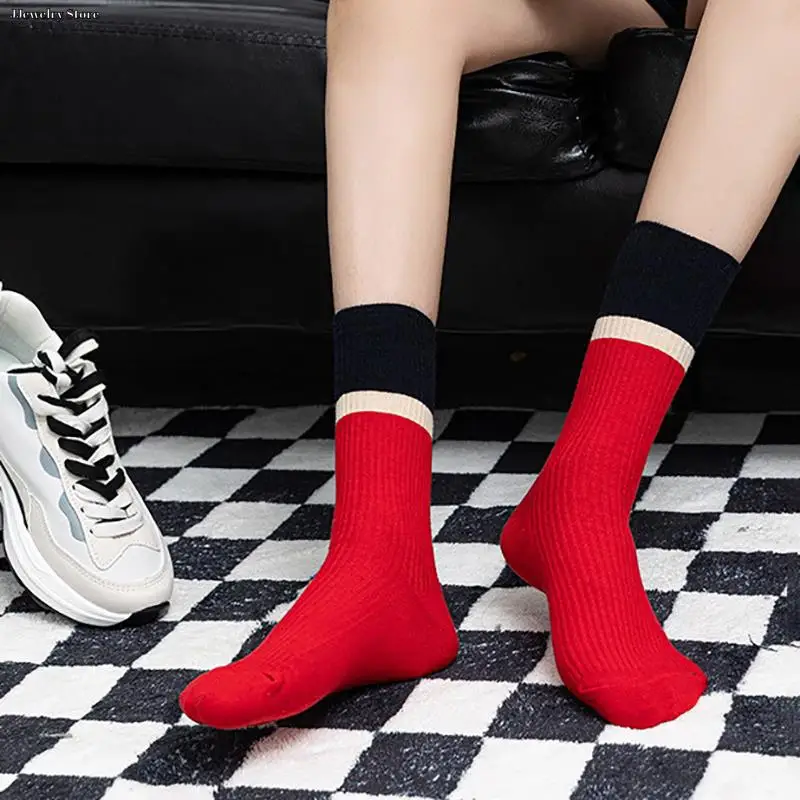 

1Pair Contrast Colored Socks Women's High Top Pile Up Socks Korean Version Of Cotton Socks