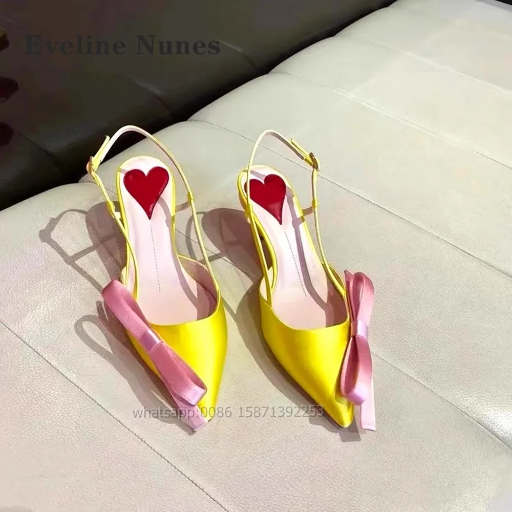 Bow Heart-Shaped Satin Sandals Pointed Toe Thin Heels Back Strap Side Air Slingback Women Pumps Buckle Strap Mixed Colors Shoes