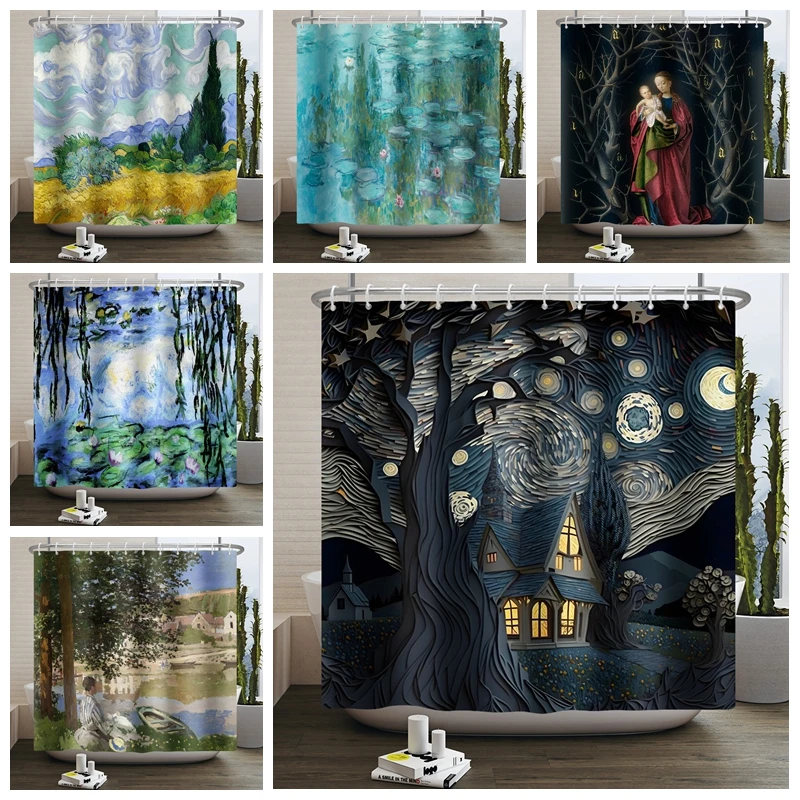 Art Oil Painting Shower Curtain Monet Aesthetic Paintings Pictures Bathtub Screen Waterproof Polyester Bathroom Curtain 180x200